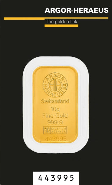 Lingotto in oro 24 kt. (999.9)  oro puro 10 gr.