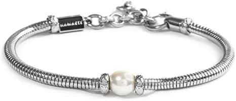 MARLU' Bracciale Snake in Argento con Perla Centrale e Cristalli, Catena Serpentina 13BR137-W