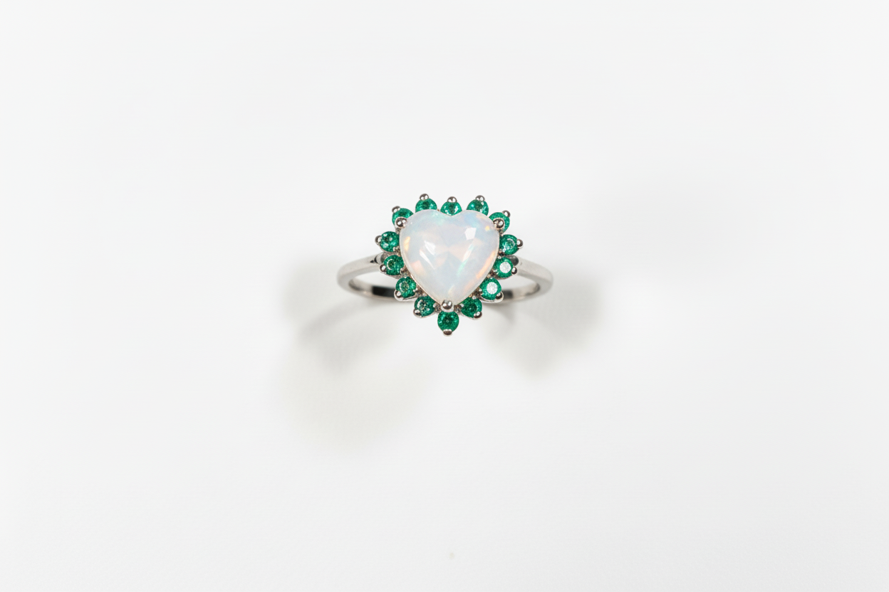 Anello con pietra di latte materno a forma di cuore e giro di smeraldi