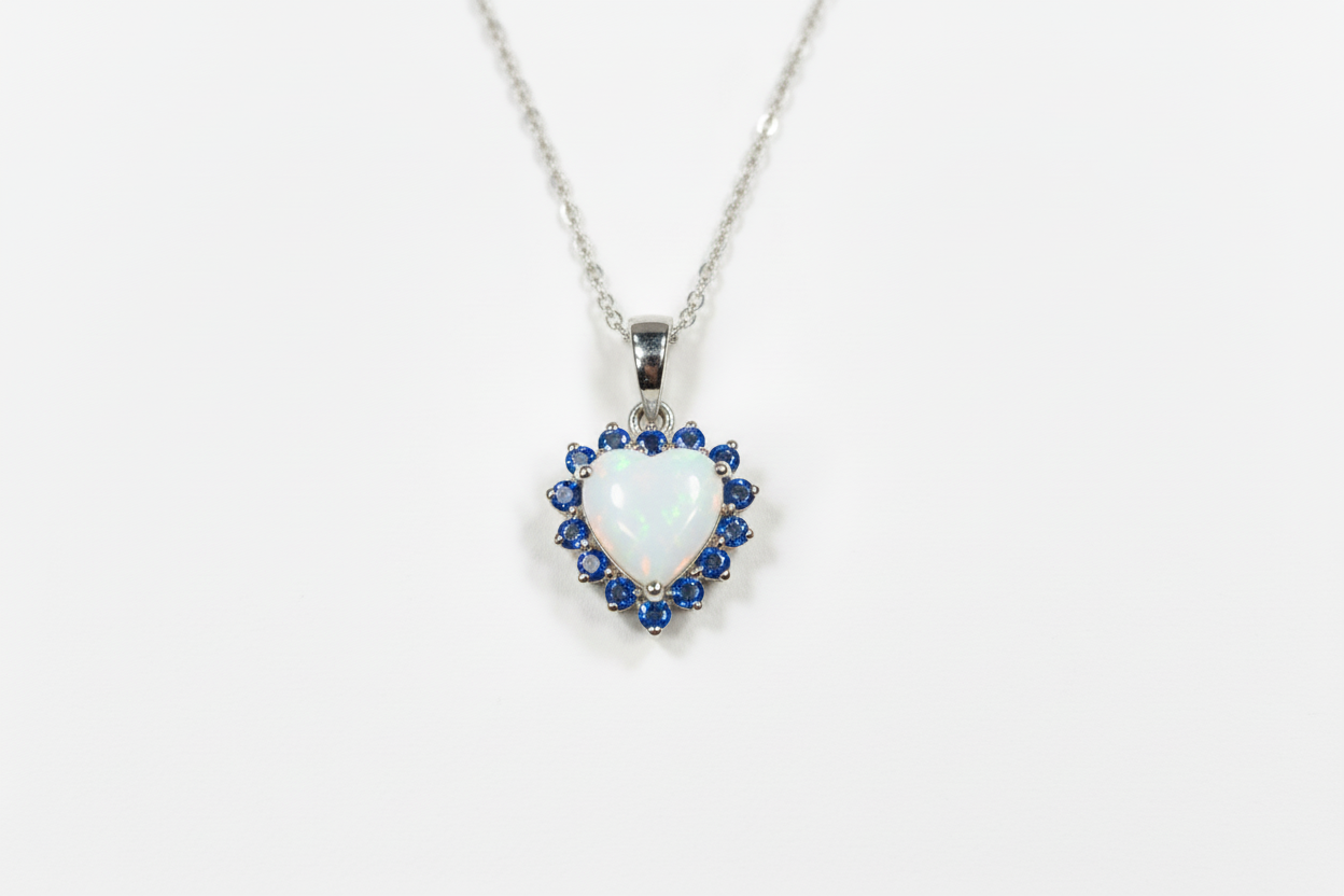 Ciondolo con pietra di latte materno a forma di cuore e giro di zaffiri