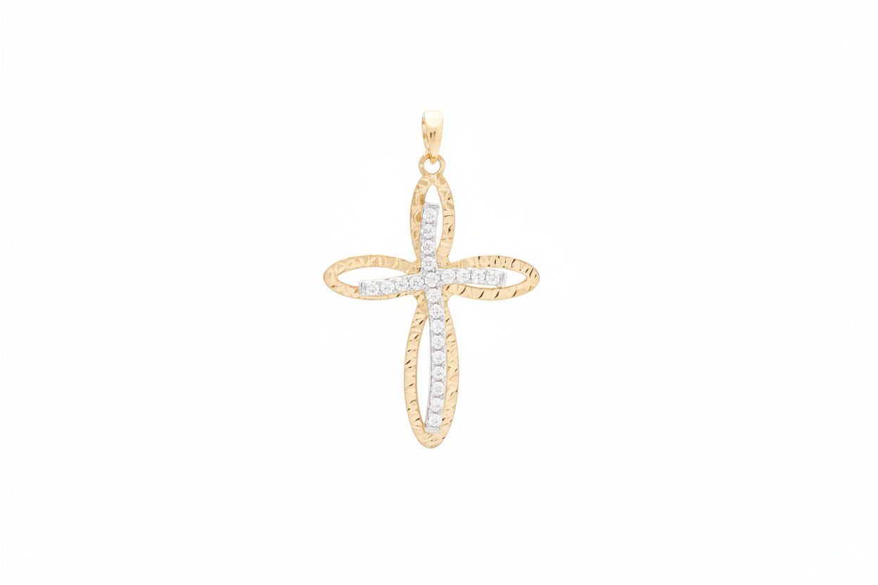 Croce zirconate contorno martellato con terminali a punta in Oro Bianco e Giallo CIS634